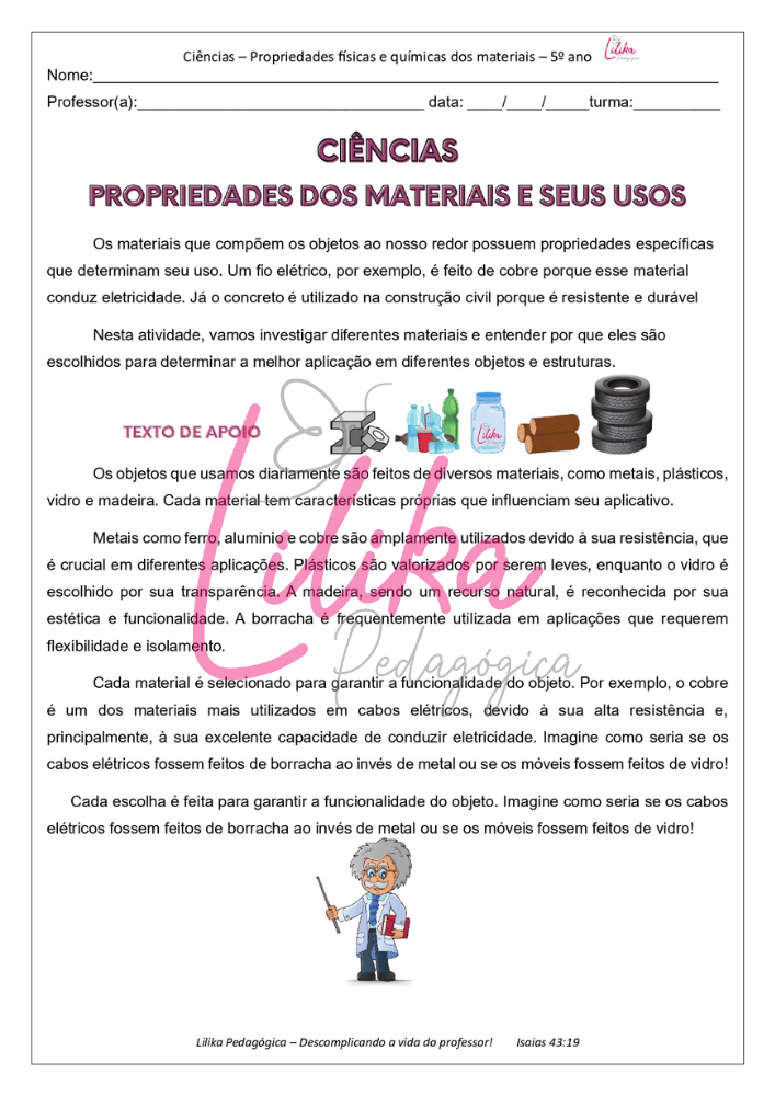 Ciências – Propriedades físicas e químicas dos materiais – 5º ano ...